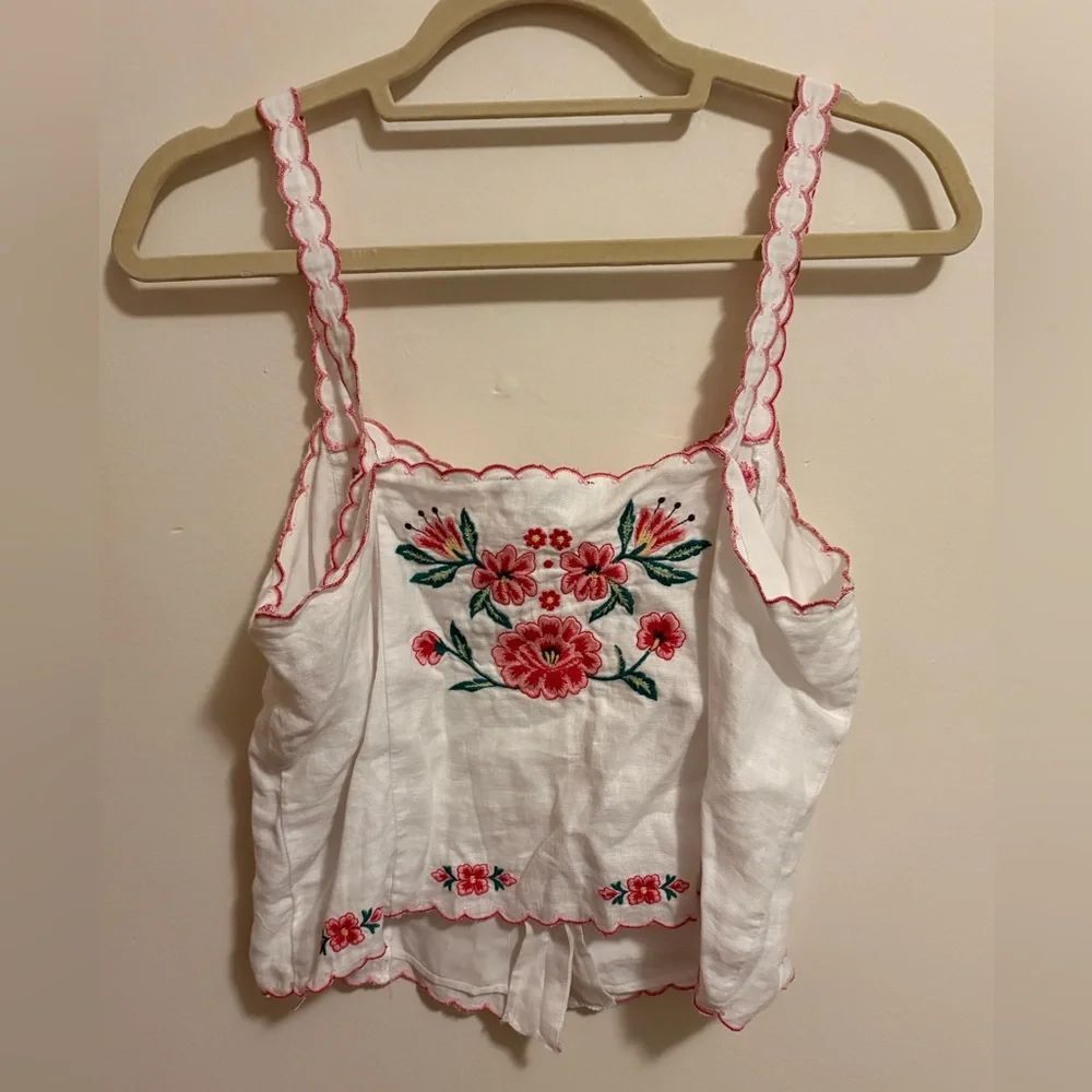 J.Crew Embroidered Scallop Trim Linen Strappy Top Floral - Picture 5 of 6